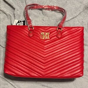 Badgley Mischka V Quilted Tote with Laptop Pocket in Red